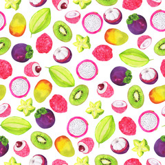 Seamless pattern with tropical fruit and berry on white background. Hand drawn watercolor illustration.