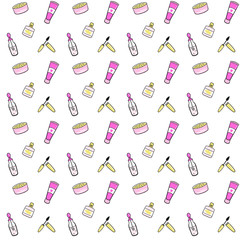 Vector seamless pattern with cream, powder, mascara, serum. Make up print. Cosmetics. seamless pattern with colorful yarn balls 