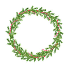 Pine tree green branches and red beads frame isolated on white background. Hand drawn watercolor illustration.