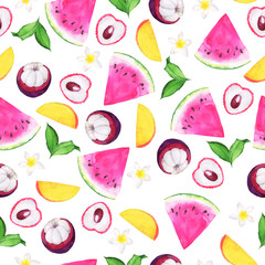 Seamless pattern with tropical fruit, green leaves and watermelon on white background. Hand drawn watercolor illustration.