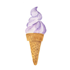 Cute lilac fruit ice ceam in wafer cone isolated on white background. Hand drawn watercolor illustration.