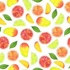 Seamless pattern with fresh mango, lemon and grapefruit on white background. Hand drawn watercolor illustration.