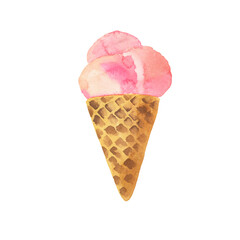 Cute pink berry ice ceam in wafer cone isolated on white background. Hand drawn watercolor illustration.