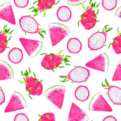 Seamless pattern with tropical dragon fruit and watermelon on white background. Hand drawn watercolor illustration.