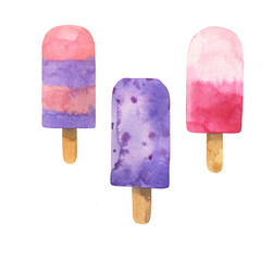 Set of fruit and vanilla and berry popsicle isolated on white background. Hand drawn watercolor illustration.