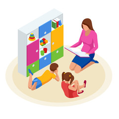 Isometric family reading book for children. Mother reading a book to her daughter and son. Happy time at home.