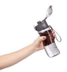 Gray sport water bottle, drinking equipment. Isolated.