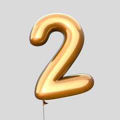 Naklejka premium Golden balloon font number 2 made of realistic helium red balloon, 3d illustration with Clipping Path ready to use. For your unique balloon letter decoration; Christmas, New year and several occasion