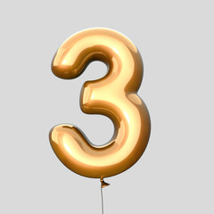 Golden balloon font number 3 made of realistic helium red balloon, 3d illustration with Clipping Path ready to use. For your unique balloon letter decoration; Christmas, New year and several occasion