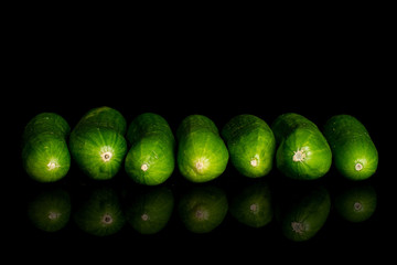 Group of seven whole fresh green baby cucumber isolated on black glass