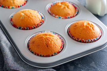 Ready-made cupcakes in a metal baking dish, horizontal