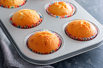 Ready-made cupcakes in a metal baking dish, horizontal