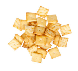 Square mini salted crackers, snack food. Isolated on white.