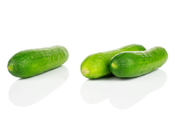 Group of three whole fresh green baby cucumber isolated on white background