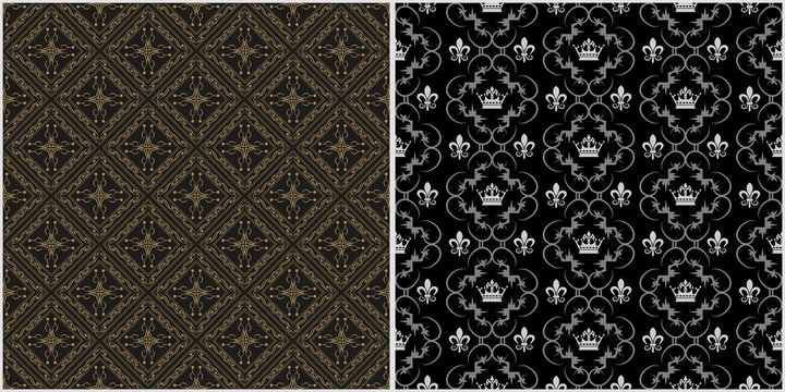 Vintage backgrounds, patterns. Renaissance art. Two modern background pictures in retro style. Seamless vector backgrounds. Set of patterns. Colors in the image: black, white, gold. Vector.