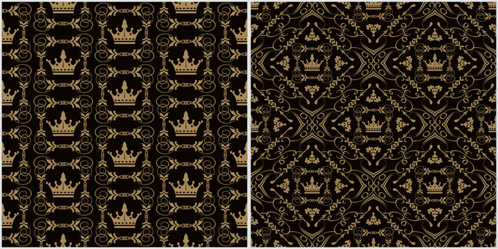 Vintage backgrounds, patterns. Renaissance art. Two modern background pictures in retro style. Seamless vector backgrounds. Set of patterns. Colors in the image: black, brown, gold. Vector graphic.