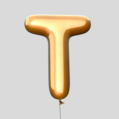 Letter T made of Gold Balloons. Alphabet concept. 3d rendering isolated on Gray Background