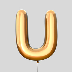 Letter U made of Gold Balloons. Alphabet concept. 3d rendering isolated on Gray Background