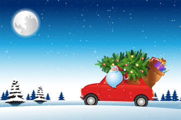Santa Claus drive red car across snow with Christmas tree to send gifts to everyone,vector illustration