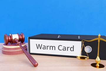 Warm Card – Folder with labeling, gavel and libra – law, judgement, lawyer