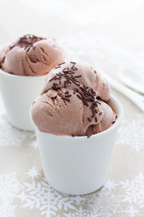 Homemade chocolate ice cream made from sour cream and condensed milk in white cups, selective focus
