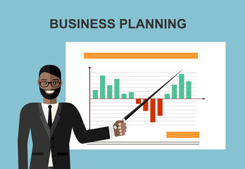 Business concept. Cartoon businessman making presentation explaining charts on a white board. Flat design, vector illustration.