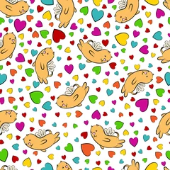 Foto auf Leinwand  Hearts and winged cats. Valentine's day background. multi-colored hearts and winged cats with arrows and bows. Design element. Vector illustration. © Nataliya