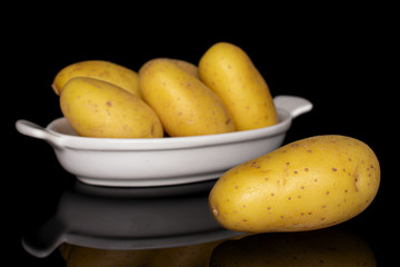 Group of six whole pale yellow potato in white oval ceramic bowl isolated on black glass