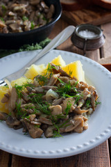 Oyster mushrooms fried with boiled potatoes on a white plate, selective focus