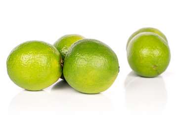 Group of five whole sour green lime isolated on white background
