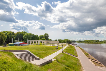 A complex of old buildings on the banks of the Volkhov River