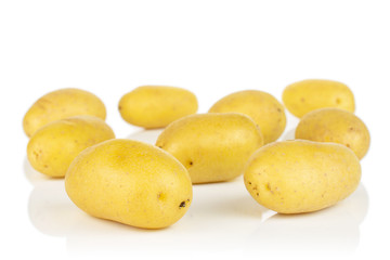 Lot of whole pale yellow potato isolated on white background