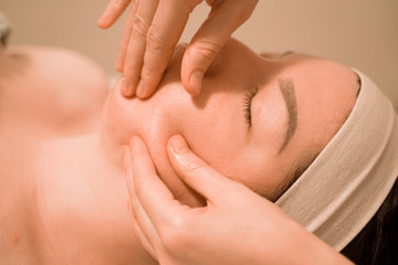 Fototapeta na wymiar Beautiful young woman getting a face massage treatment at beauty salon