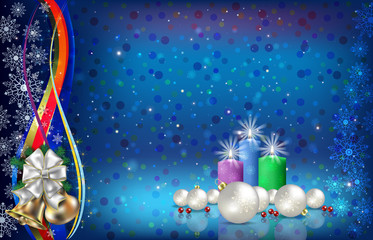 Abstract dark blue background with Christmas snowflakes and candles