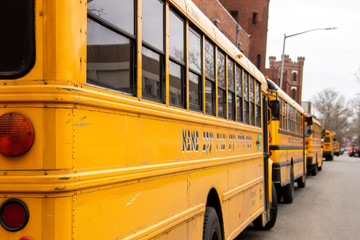 School public buses for Jewish community parked in Brooklyn, New York