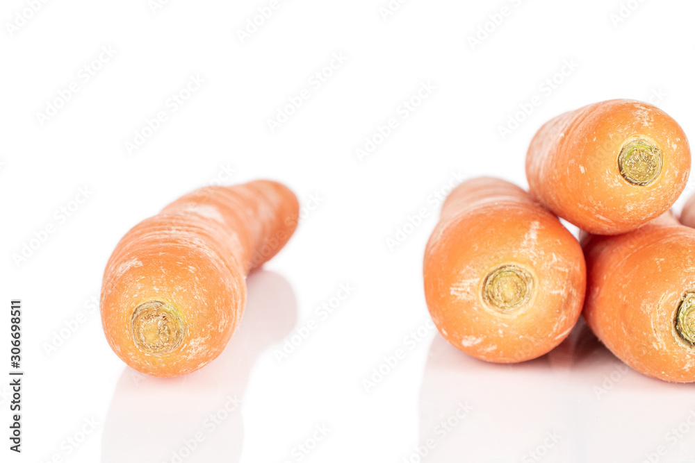 Poster Group of four whole fresh orange carrot isolated on white background