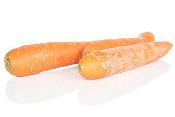 Group of three whole long fresh orange carrot isolated on white background