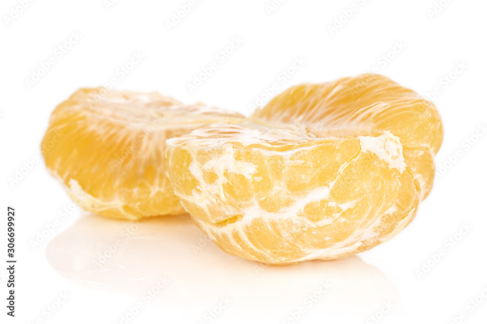 Wall mural group of one half one piece of purified fresh orange mandarin isolated on white background