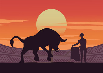 matador and bull are shown in stadium,culture and tradition of Spain,sunset time,vector illustration