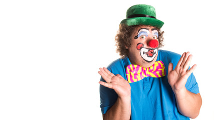 Holidays. Funny fat clown. White background.
