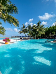 Maldives island with pool and water bungalows, South Male Atoll, Maldives