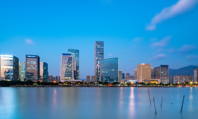 Night view of modern office building in Fuzhou Financial District..