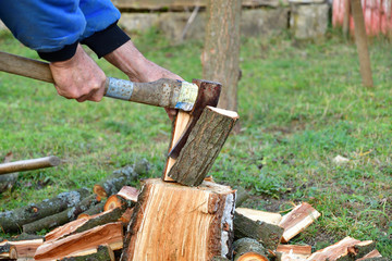 Splitting wood with an ax into smaller logs in traditional way 