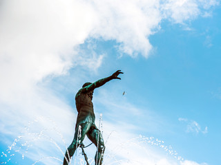 Abstract image of a plane in the sky that Neptune is trying to catch against the background of...