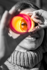 Abstract image of a smile joy girl on a black and white background with color of vision (vision...