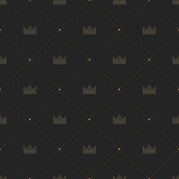 Dark seamless pattern in retro style with a gold crown. Can be used for premium royal party. 
