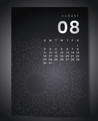 August 2020 monthly calendar with beautiful mandala design. Round pattern ornament for holiday event planner