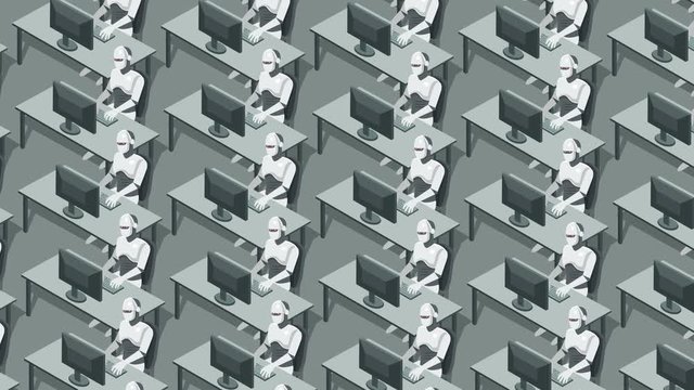 Humanoid robots works on the computer. Futuristic artificial intelligence concept animation