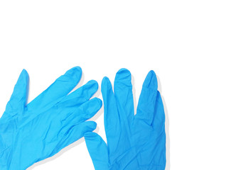Close up medical blue glove on white background.