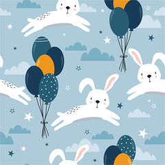 Bunnies, air ballons, hand drawn backdrop. Colorful seamless pattern with animals, sky. Decorative cute wallpaper, good for printing. Overlapping background vector. Design illustration, rabbits